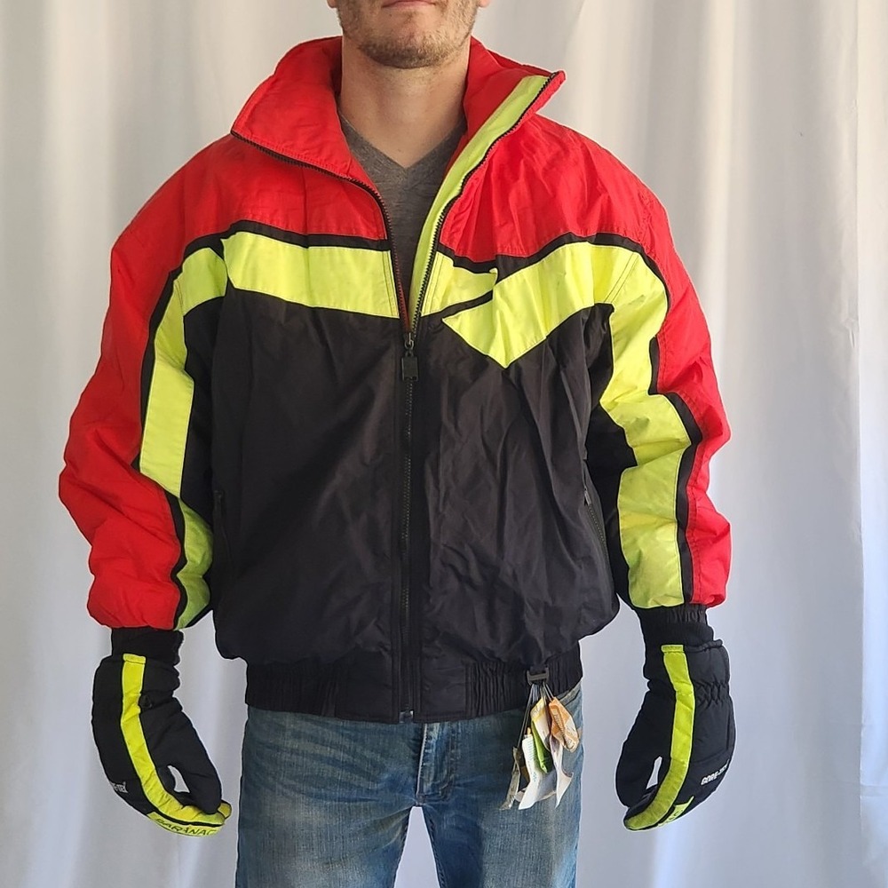 90s Black, Red, and Yellow Skir Jacket and Gloves